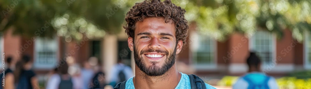 Obraz premium Smiling College Student with Backpack in Front of University Building
