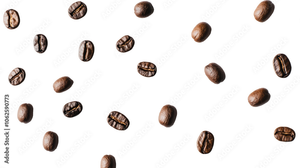 Obraz premium Coffee beans scattered on transparent background, minimalistic pattern. Food and beverage concept
