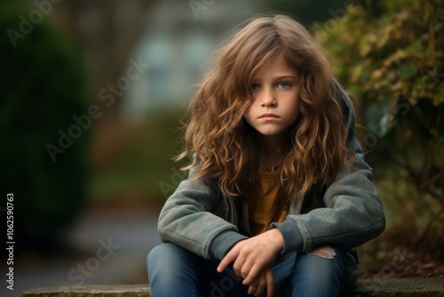 Portrait of a sad little girl sitting on a bench in the park