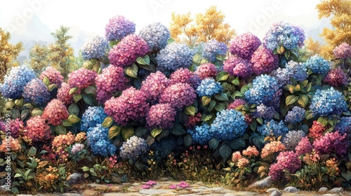 Vibrant hydrangea flowers in a lush garden setting.