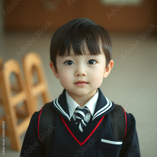 A little asian boy with black hair that looks quite smart photo