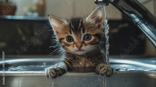 Cute Kitten Playing in a Drenched Sink