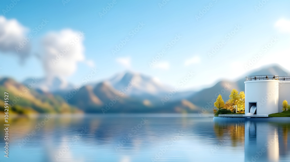 Serene reflections a tranquil lakeside view with modern architecture against majestic mountain backdrop Serene reflections a tranquil lakeside view with modern architecture against majestic mountain backdrop