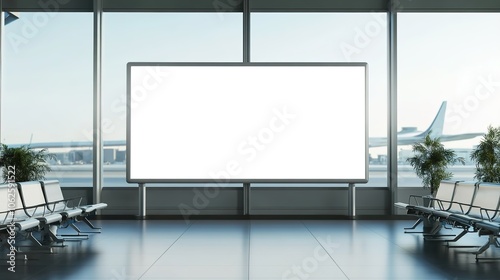 Smartphone mockup featuring a blank white screen, set in an airport environment, perfect for displaying app designs or travel-related content. The scene captures the hustle and bustle of travelers, 