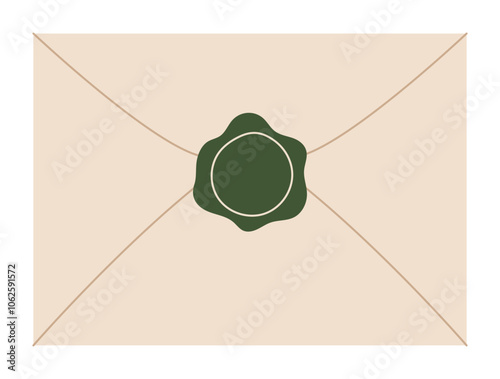 Vintage envelope with seal sticker , representing traditional mail and stationery. Flat style letter and post for creative correspondence. Ideal for invitations, love notes, greeting cards.