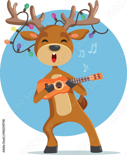 Happy Reindeer Playing the Ukulele Singing Loud Cartoon Vector. Cheerful performer playing the musical instruments on holidays

