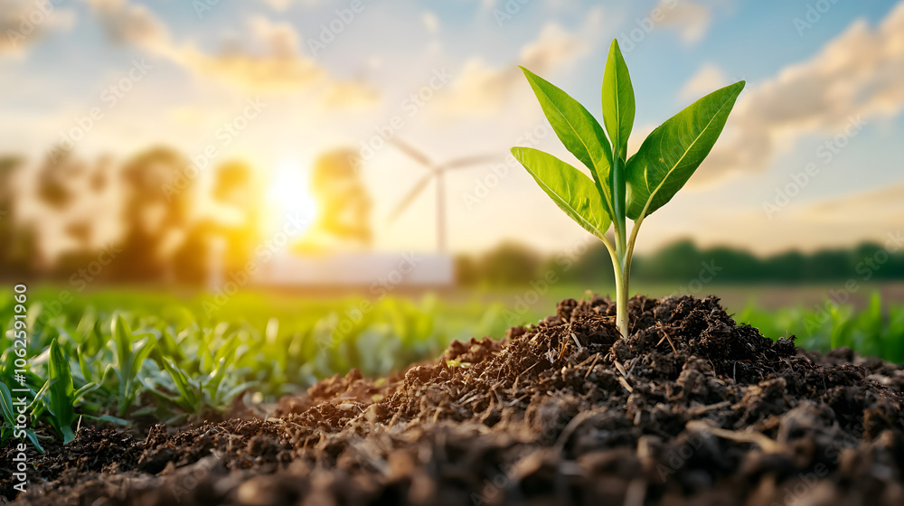Nurturing new life the journey of a seedling towards a sustainable future with renewable energy in the background Nurturing new life the journey of a seedling towards a sustainable future with renewable energy in the background