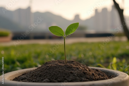 Small, emerging plant spouting out of fertile soil, symbolizing Financial Growth in a bustling Cityscape - Nature Success Business - Agriculture Finance Stock Market Industry photo