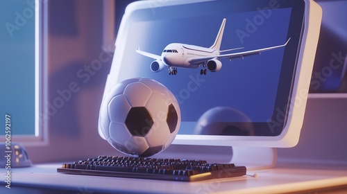 Digital concept of global sports connectivity with a soccer ball inside a computer screen and an airplane flying above, symbolizing the international reach of soccer and the integration of sports 