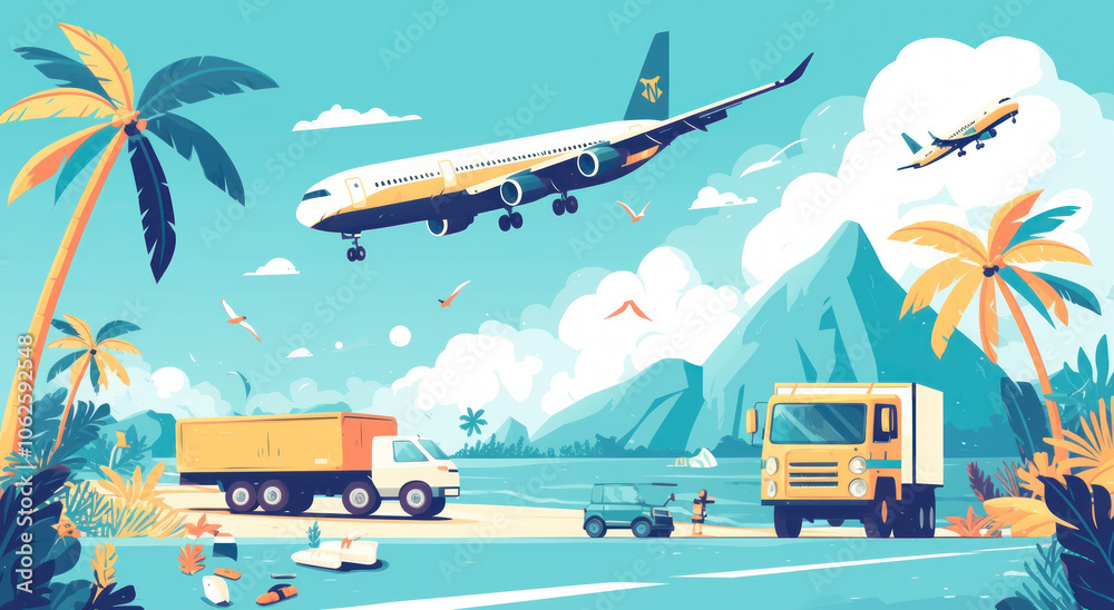 Tropical Island Illustration with Airplane, Trucks, and Palm Trees Tropical Island Illustration with Airplane, Trucks, and Palm Trees