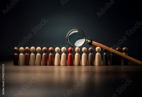 A magnifying glass focuses on a single red figure standing out from a row of wooden figures.