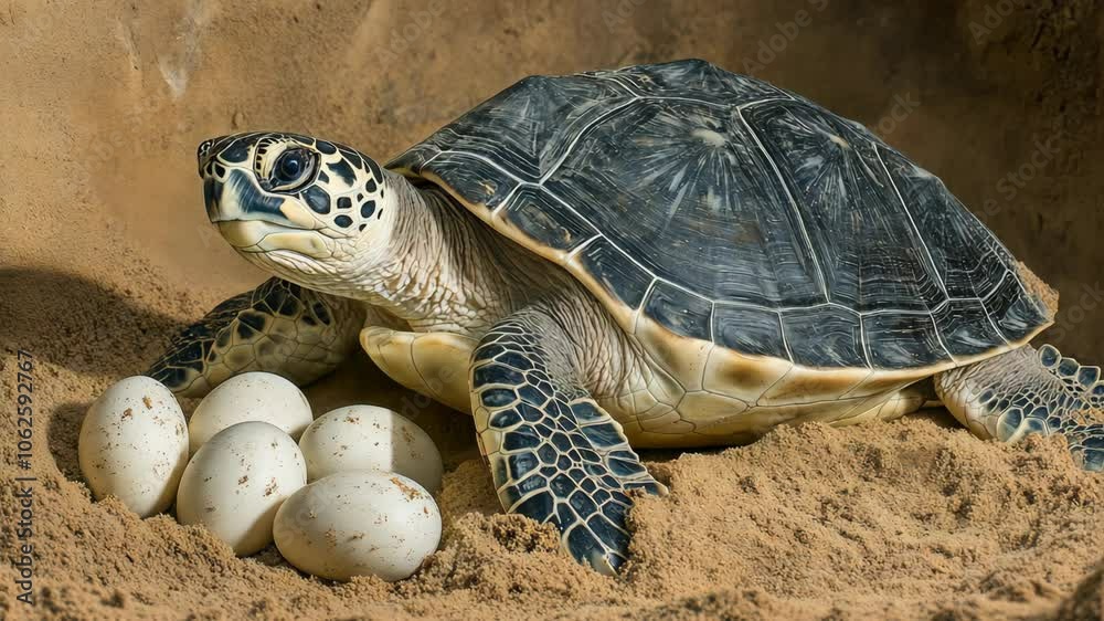 A sea turtle rests near its nest of eggs on a sandy beach A sea turtle rests near its nest of eggs on a sandy beach