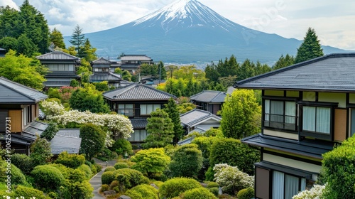 Japanese Village with Mount Fuji in the Background