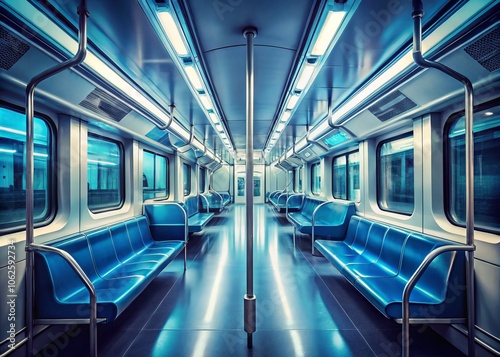 A tranquil, desolate subway car captured in blue, showcasing minimalist design and clean lines, epitomizing urban exploration and modern commuting in double exposure photography.