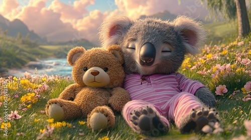 A cute koala in pink pajamas is cuddling a teddy bear in a field of flowers. photo