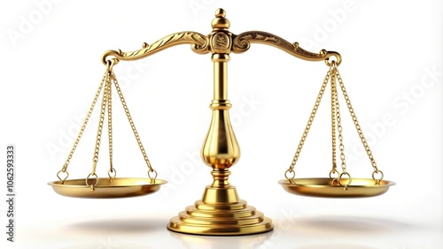 Wide-angle golden scales of justice on white background symbolizing law and fairness