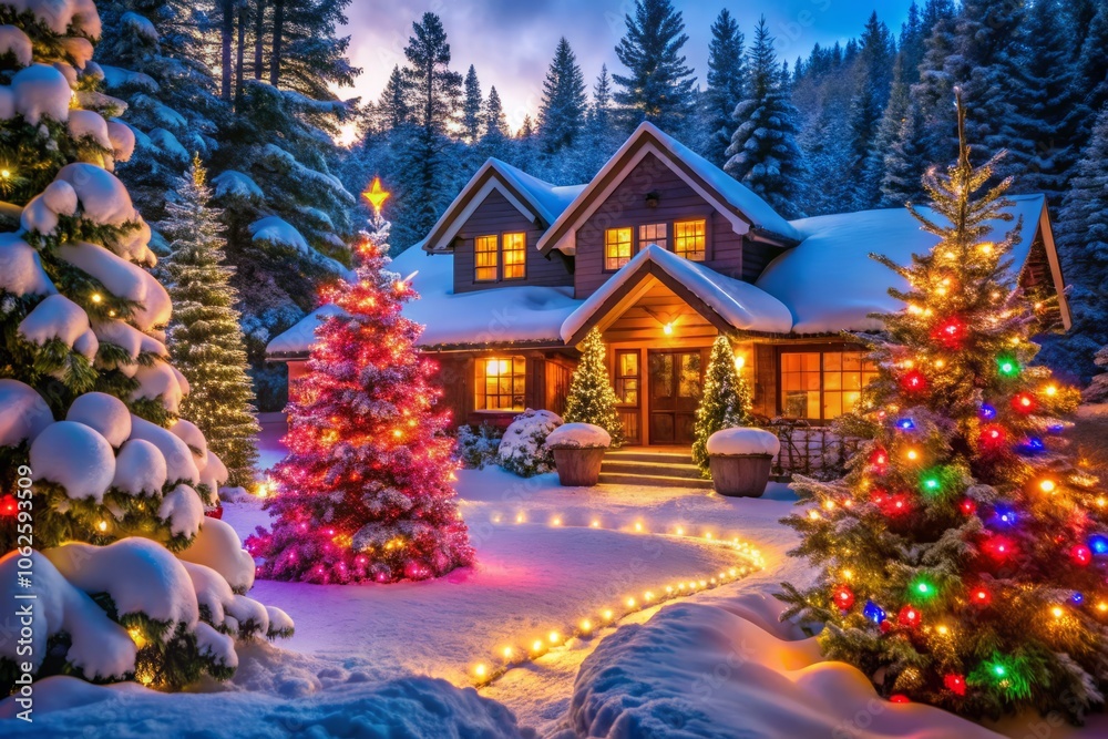 Beautiful Christmas House with Colorful Lights and Spruces, Bokeh Effect at Night, Festive Decorations, Holiday Spirit, Outdoor Christmas Cheer, Winter Wonderland