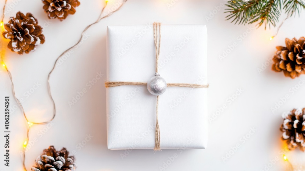 A beautifully wrapped gift adorned with twine and a silver ornament, surrounded by pine cones and fairy lights, perfect for holiday decor.