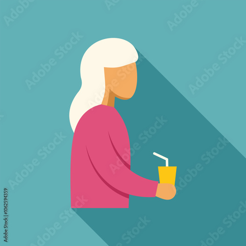 Senior woman drinking juice from disposable cup with straw, side view