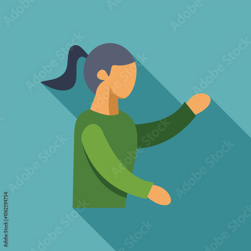 Woman making a hand gesture, pointing or showing something, wearing a green sweater and with a ponytail