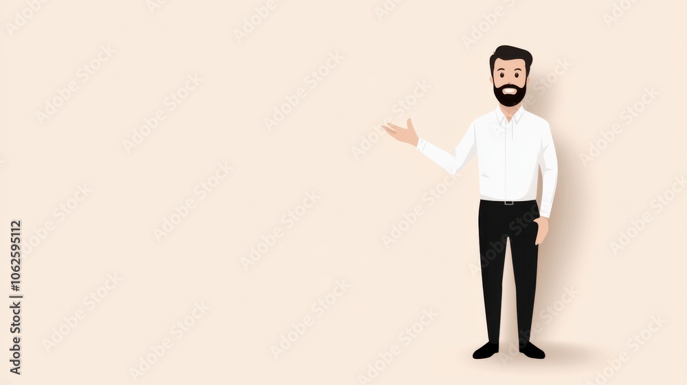 A cheerful man stands confidently, gesturing invitingly with a friendly smile in a minimalistic background. A cheerful man stands confidently, gesturing invitingly with a friendly smile in a minimalistic background.