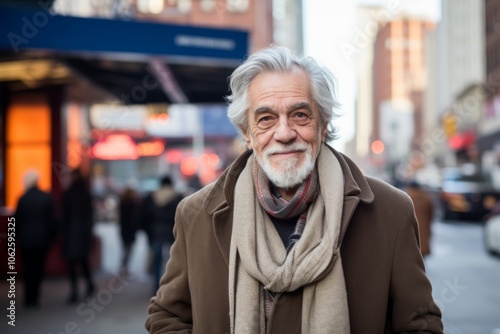 Portrait of a senior man with grey hair in the city.