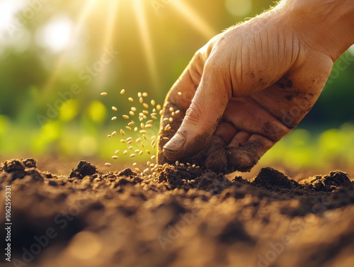 A close-up of a hand planting seeds in rich soil, showcasing the beauty of nature and the beginning of growth.