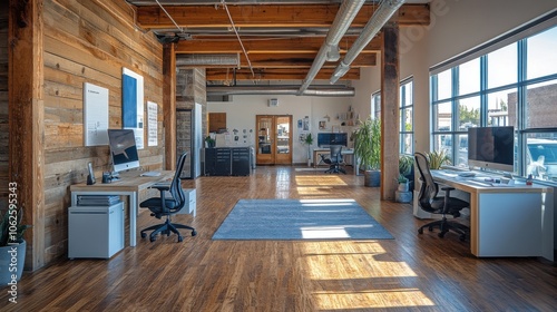 Modern office space with wooden accents and desks.