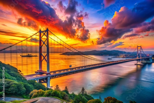 Breathtaking sunset illuminates Akashi Kaikyo Bridge in Hyogo, Japan, creating a dreamlike panorama where golden light enhances the beauty of the tranquil landscape.