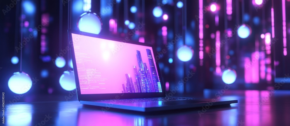 Laptop with a Cityscape in a Neon Room Laptop with a Cityscape in a Neon Room
