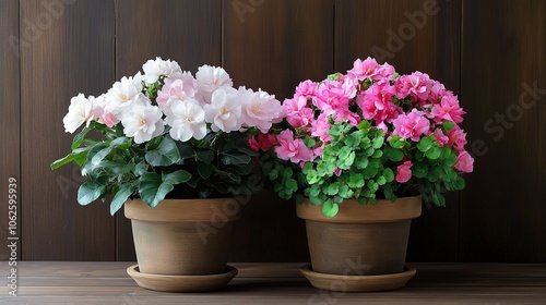 A beautiful arrangement of wood-colored elements adorned with elegant white camellia flowers and soft pink begonias. The warm, natural tones of the wood provide a perfect backdrop 