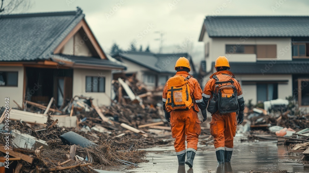 Disaster response team providing aid and relief in the aftermath of a natural disaster Disaster response team providing aid and relief in the aftermath of a natural disaster