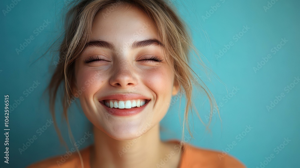 A joyful young woman bursts with laughter, radiating happiness and embodying a lively, colorful way of life. A joyful young woman bursts with laughter, radiating happiness and embodying a lively, colorful way of life.