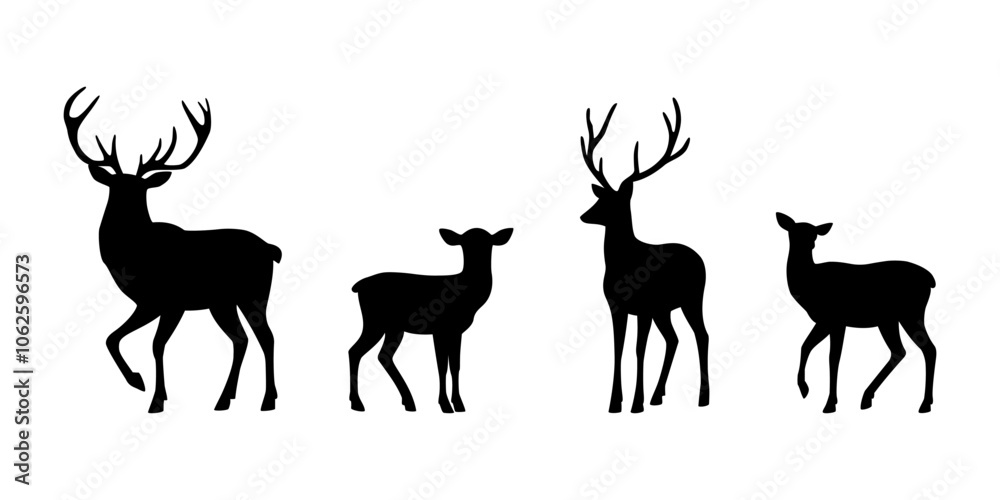 Fototapeta Jeleń - sylwetki leśnych zwierząt na białym tle. Ilustracja wektorowa.
