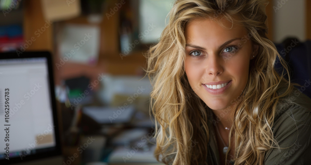 A cheerful blonde woman immerses herself in her work at the office, radiating positivity and dedication. A cheerful blonde woman immerses herself in her work at the office, radiating positivity and dedication.