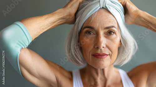 Active senior woman wraps a tie around her head, gearing up for a treadmill workout in her cozy home gym. photo