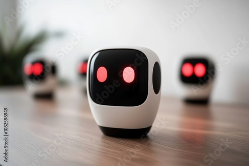 White Robot with Red Eyes Sitting on Table - Futuristic Artificial Intelligence - Robotics and Automation Industry photo