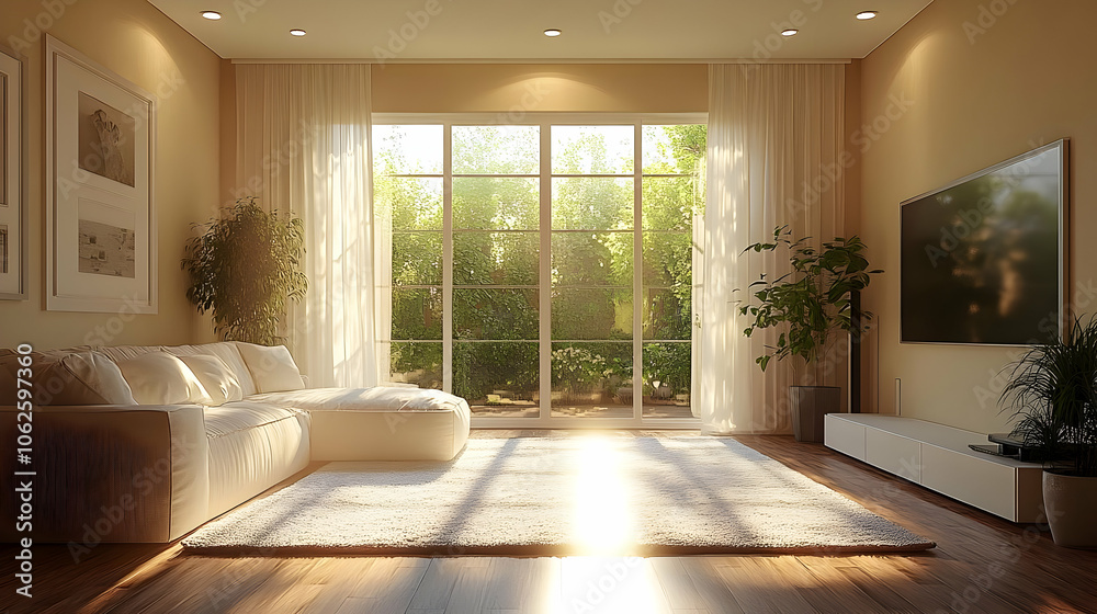 Fototapeta premium Cozy Living Room with Sunlight Streaming Through Windows