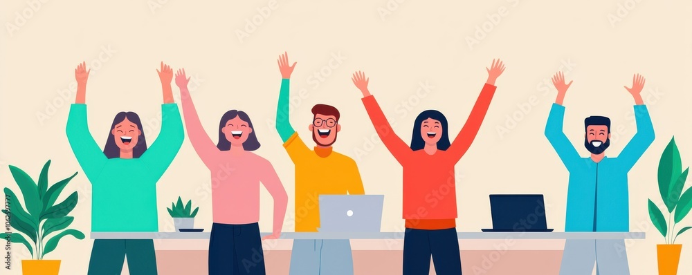 A diverse team celebrating success with raised hands in a bright, modern workspace filled with plants and laptops. A diverse team celebrating success with raised hands in a bright, modern workspace filled with plants and laptops.