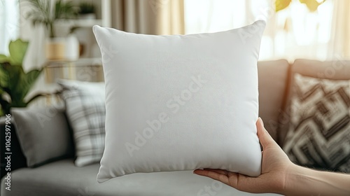 A hand holding a white pillow in front of a couch with throw pillows.