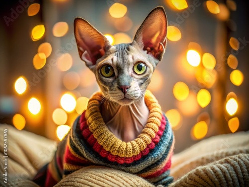 Charming Egyptian Sphinx cat snuggles in a cozy sweater, radiating warmth and style. Captivating long exposure photography perfect for cat lovers and fashion aficionados alike. photo