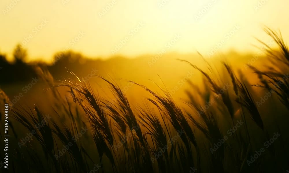 A serene sunset over a field of tall grasses, creating a warm, golden atmosphere.
