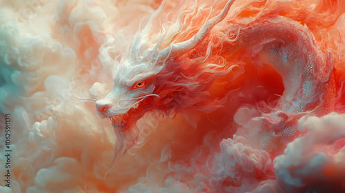 Fiery Dragon Illustration in Whimsical Clouds photo