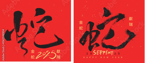 Hand Write Chinese calligraphy Art. Translation: 2025 Happy Snake New Year. Vector illustration. No.F