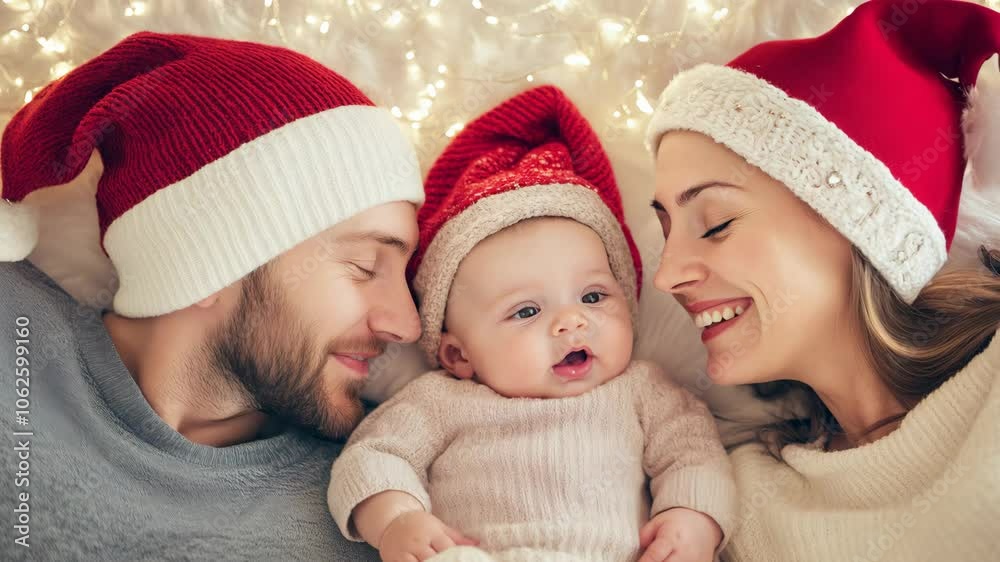Smiling parents with their baby in Santa hats enjoying Christmas together, creating a joyful holiday family moment full of warmth. Smiling parents with their baby in Santa hats enjoying Christmas together, creating a joyful holiday family moment full of warmth.