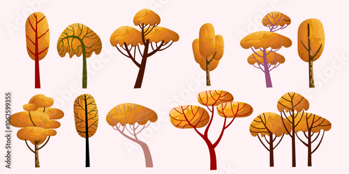 Set of deciduous and evergreen trees plants forest element vector illustration. Botanical and nature collection isolated on white background.