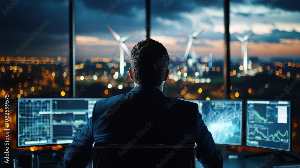 business professional observing wind turbines from high rise office, surrounded by multiple screens displaying data and graphs, reflects modern work environment business professional observing wind turbines from high rise office, surrounded by multiple screens displaying data and graphs, reflects modern work environment