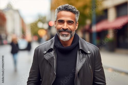 Handsome middle-aged man in a black leather jacket on the street