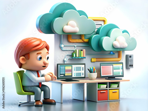 Cloud Architect Designing Multi-Cloud Systems Soft Abstract Digital Art Concept with Copy Space; Innovative Cloud Solutions in Sleek Office Environment Featuring Complex Architecture and Integration. photo