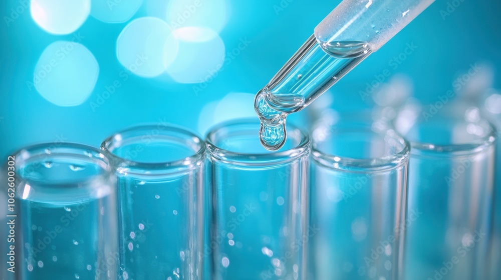 Close-Up of Laboratory Pipette Dropping Liquid into Test Tubes Against a Blue Bokeh Background Close-Up of Laboratory Pipette Dropping Liquid into Test Tubes Against a Blue Bokeh Background